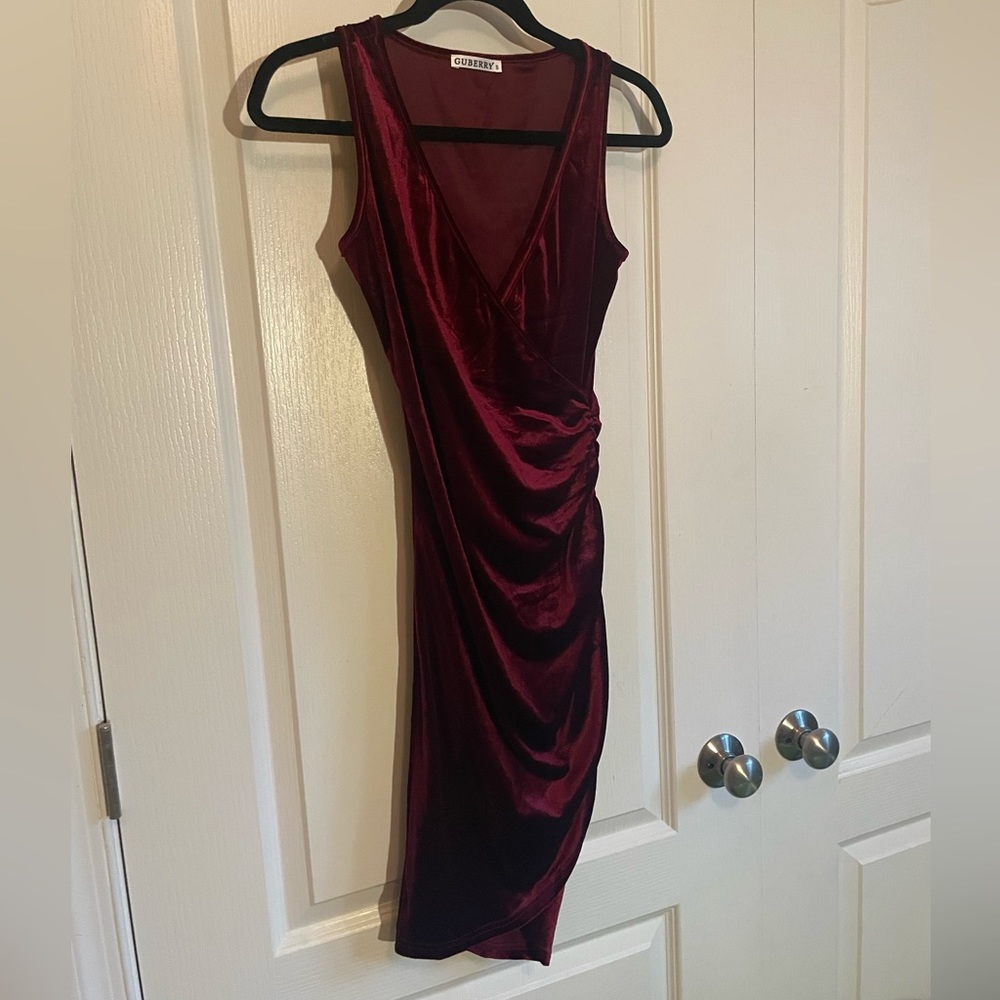 Maroon Velvet Deep-V Dress - S